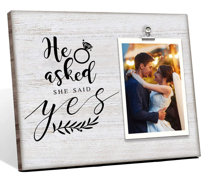 Wedding Engagement Wood Clip Picture Frame - He Asked and She Said Yes, Lovers Engraved Picture Frame Wedding Engagement Remembrance Gifts for Women Bride to Be, Frame Holds 4 X 6 Inches Photo