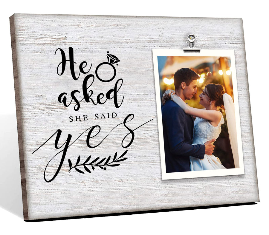 Wedding Engagement Wood Clip Picture Frame - He Asked and She Said Yes, Lovers Engraved Picture Frame Wedding Engagement Remembrance Gifts for Women Bride to Be, Frame Holds 4 X 6 Inches Photo