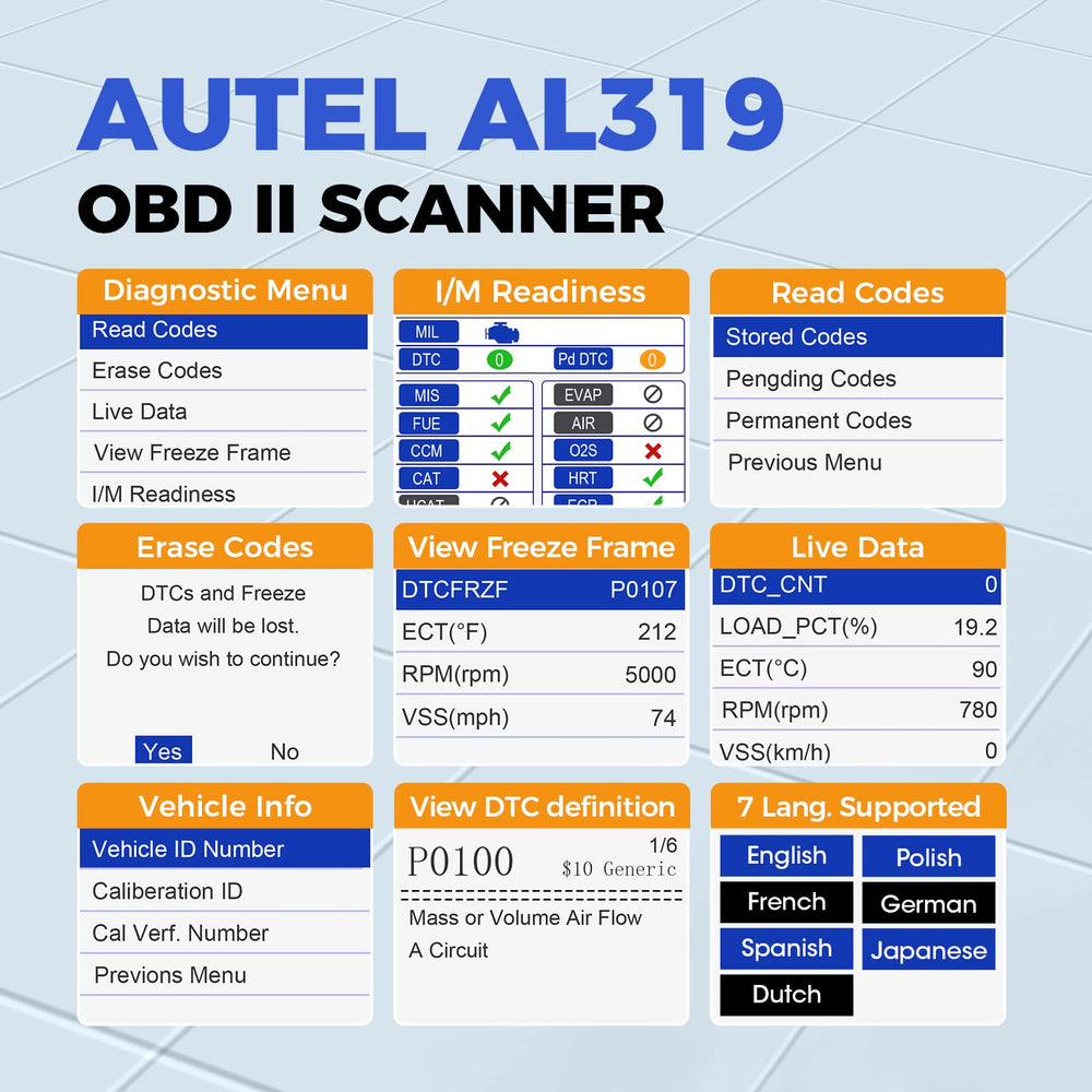 Professional OBD2 Scanner AL319 Code Reader, Enhanced Check and Reset Engine Fault Code, Live Data, Freeze Frame, CAN Car Diagnostic Scan Tools for All OBDII Vehicles After 1996, 2024 Upgraded