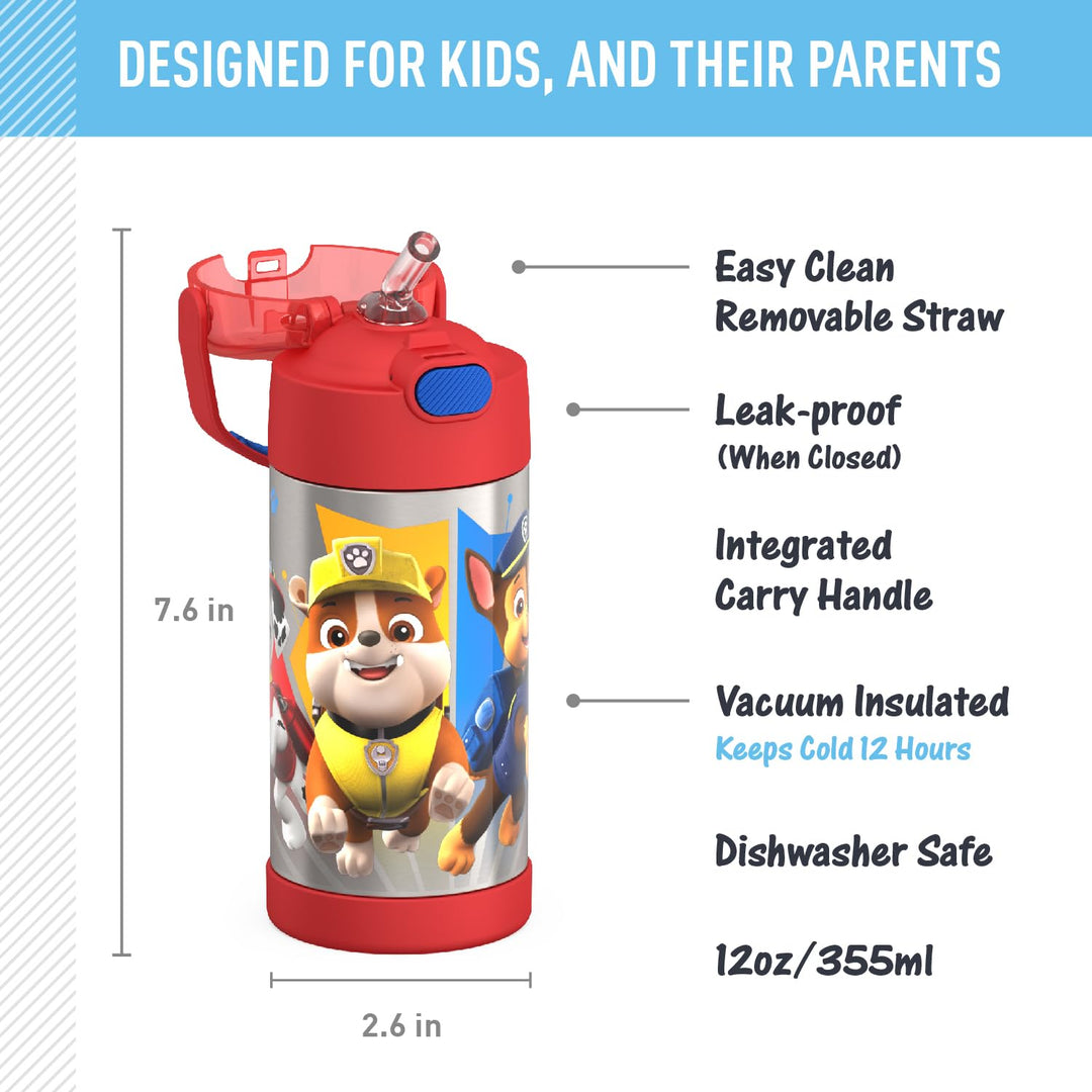 FUNTAINER Water Bottle with Straw - 12 Ounce, Paw Patrol - Kids Stainless Steel Vacuum Insulated Water Bottle with Lid