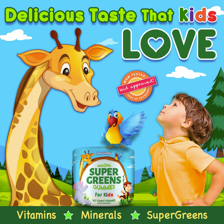 Infusions Super Green Gummies for Kids 90 Count Superfood Booster Soft and Delicious 8 Powerful Blends Vegan Friendly Gluten Free &amp; Non-GMO