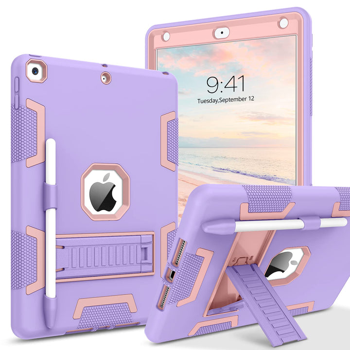 Case For iPad 7th/8th/9th Generation, iPad 10.2 2021/2020/2019, 3 in 1 Heavy Duty Rugged Shockproof Protective Tablet Cover with Stand Pen Holder,Purple/Rose Gold