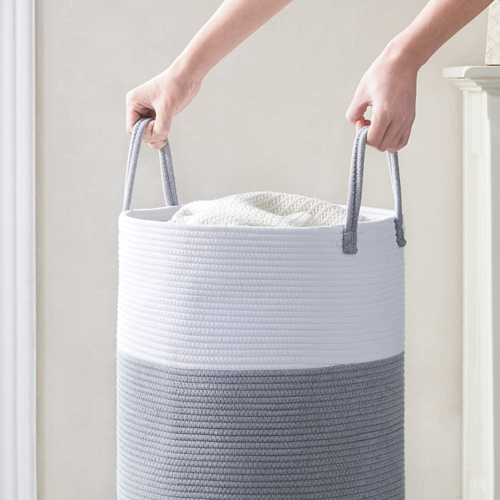 Cotton Rope Laundry Hamper , 58L - Woven Collapsible Laundry Basket - Clothes Storage Basket for Blankets, Laundry Room Organizing, Bedroom Storage, Clothes Hamper – Grey