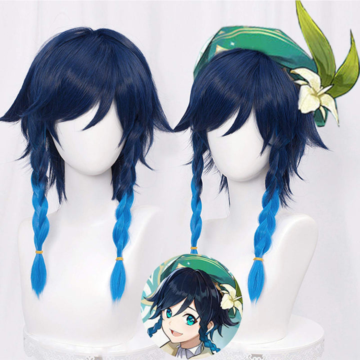 SL Navy Blue Wig for Venti Cosplay Costume 2 Tone Anime Braided Hair Wigs with Braids Ponytails Bangs + Cap