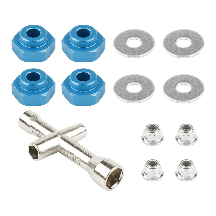 4 Sets 12mm to 17mm Hub Hex Adapter Converter & Locknut & Wrench for 1/8 RC Wheels Install on 1/10 On-Road Off Road Car Buggy Truck Truggy Tamiya Axial Traxxas HPI HSP Losi Kyosho, Blue