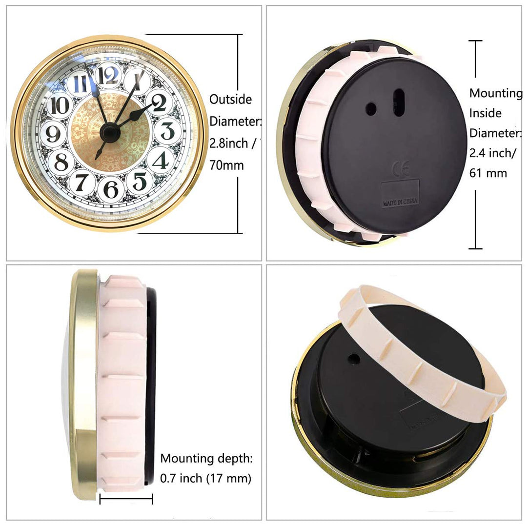 Mini Quartz Clock Insert 2.8 Inch (70 mm) Round Quartz Movement Miniature Clock White Dial Gold Trim Arabic Numerals, Fit 2.4 Inch (61 mm) Diameter Hole