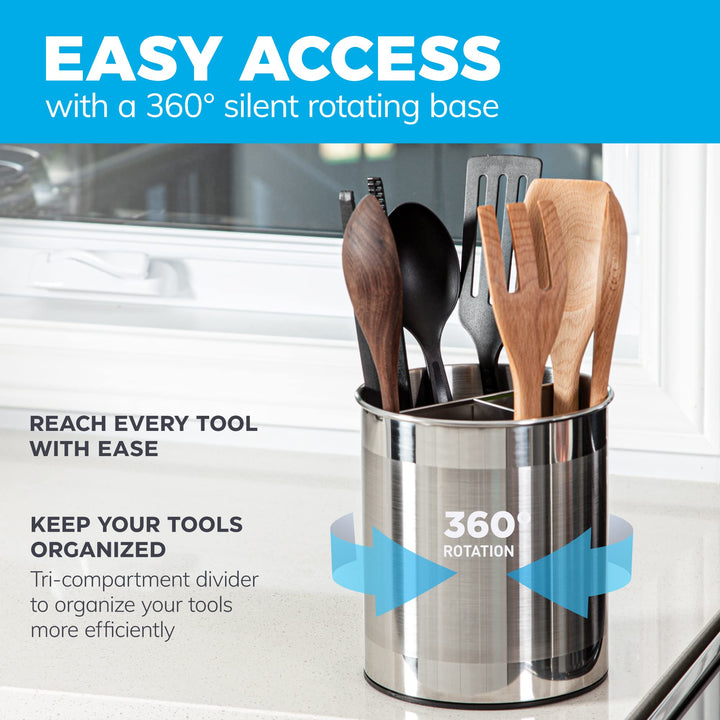 Rotating Extra Large Stainless Steel Utensil Holder Caddy with Sturdy No-Tip Weighted Base, Removable Divider, and Gripped Insert Bottom -Dishwasher Safe Metal Cooking Utensil Holder…