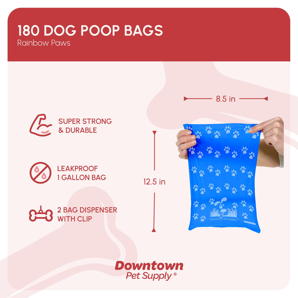 Poop Bags for Dogs with Dispenser, 180 Count - Leak-Proof Dog Waste Bags and Bone-Shaped Dog Poop Bags Holder for Leash - Rainbow with Paw Prints, 12.5 x 8.5