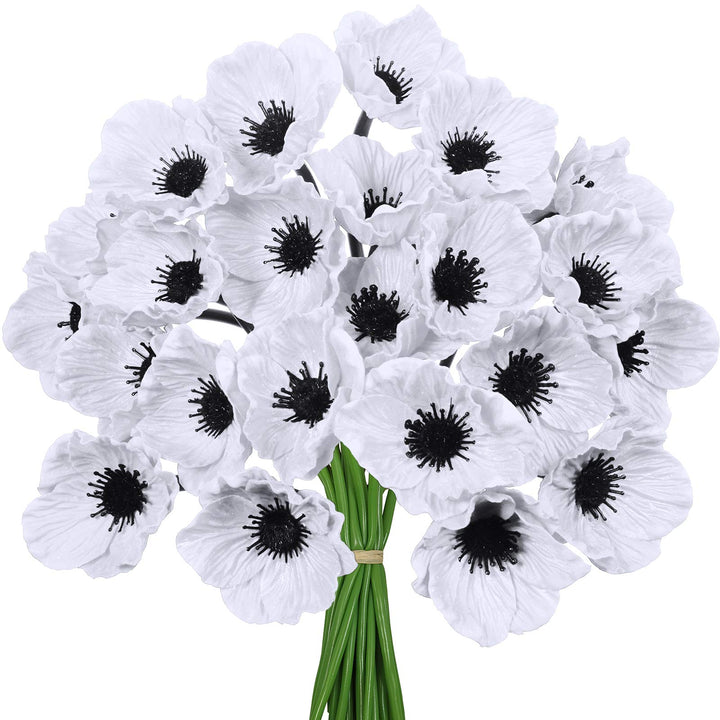24 pcs Artificial White Poppy Flower Stems Real Touch Flower Fake Flowers in White with Black Center for Wedding Bouquets Corsages Centerpiece Floral Arrangements