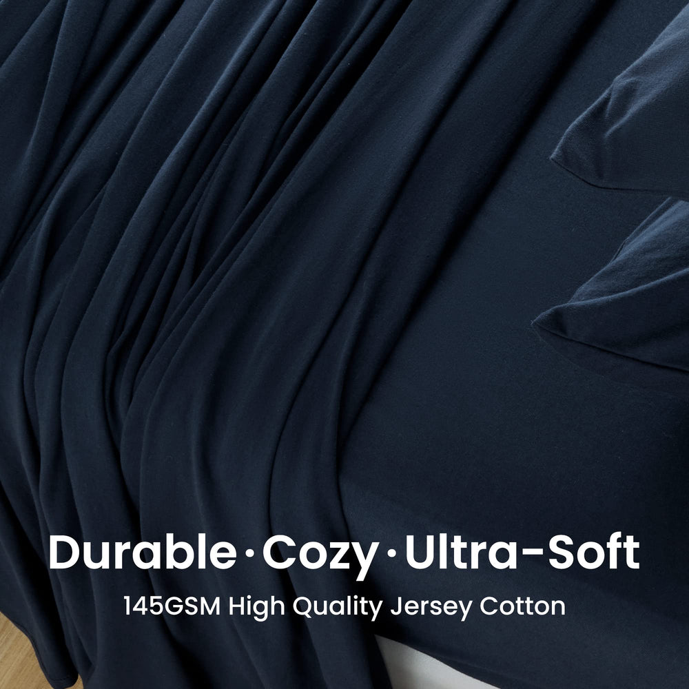 4-Piece Jersey Knit Sheet Set - Luxury Heather 100% Cotton T-Shirt Bed Linen Set - Deep Pocket Stretchy Bed Sheet Set for All Season (Navy, King)