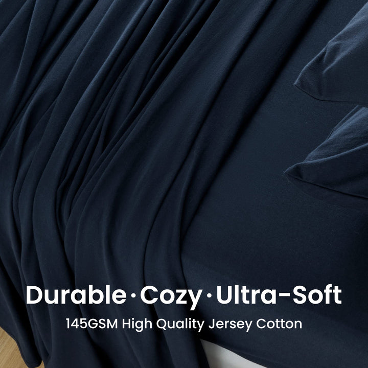 4-Piece Jersey Knit Sheet Set - Luxury Heather 100% Cotton T-Shirt Bed Linen Set - Deep Pocket Stretchy Bed Sheet Set for All Season (Navy, King)