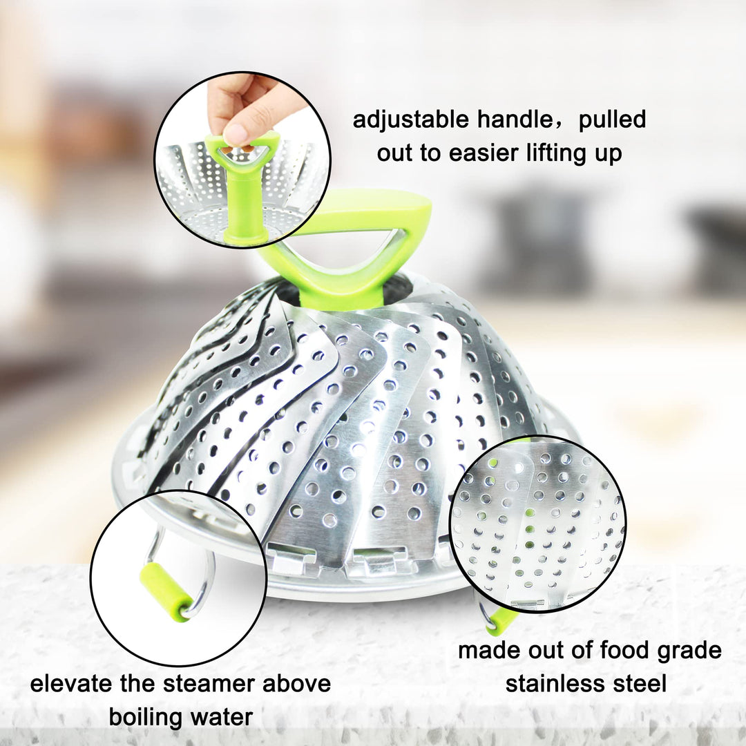 Stainless Steel Vegetable Steamer Basket for Cooking, Food Steamer Basket with Removable Center Handle for Veggie Seafood Cooking, Folding Expandable Steamer Basket Fit Various Size Pot
