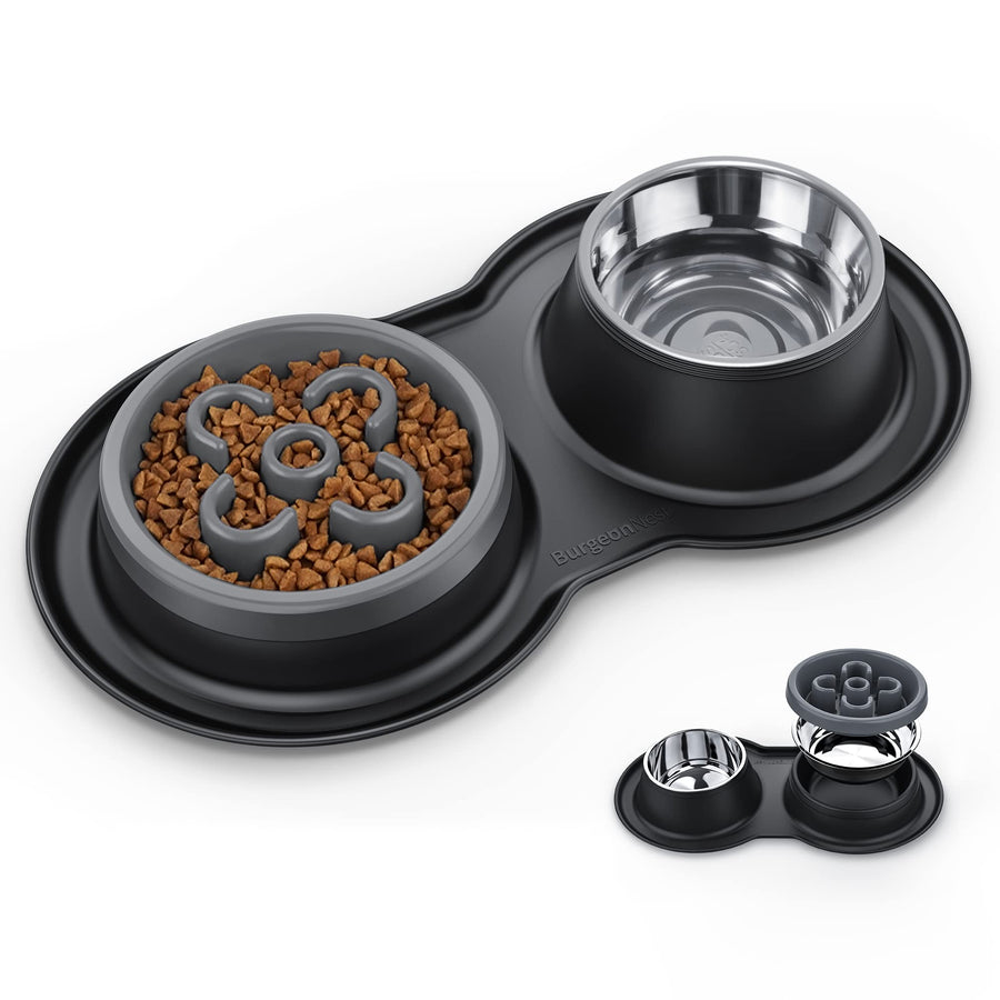 Slow Feeder Dog Bowls,27oz 4-in-1 Food and Water Bowls with No-Spill and Non-Skid Silicone Mat, Stainless Steel Slow Down Eating Puzzle Set for Medium Small Sized Dogs