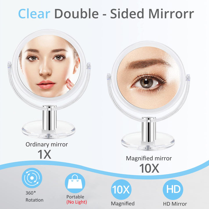 Magnifying Makeup Mirror Double Sided, 1X 10X Magnification Mirror, Table Top Vanity Mirror, Transparent, Framed, Tabletop Mount, Round