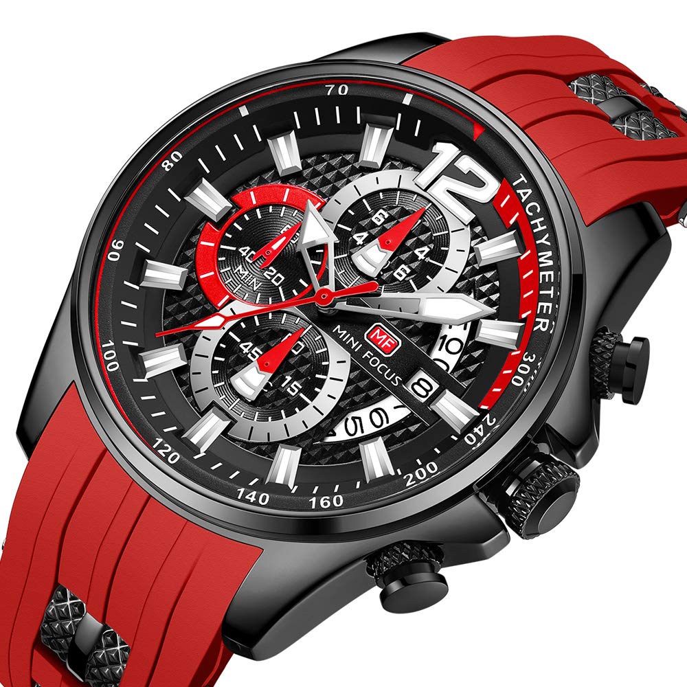 Watches for Men Stylish Analog Quartz Chronograph Military Waterproof Luminous Big Face Mens Watch Business Work Casual Fashion Dress Red Silicon Strap Men&#39;s Wrist Watches Elegant Gift for Men