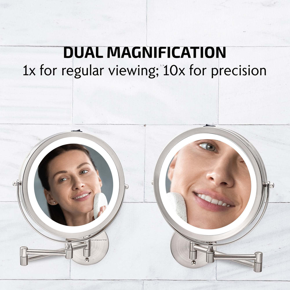 9 Lighted Wall Mount Makeup Mirror with 1X/10X Magnification, Cordless Double Sided Magnifying Round Vanity Mirror, 360° Swivel Design, Extendable and Folding Arm, Nickel Brushed MFW85BR1X10X