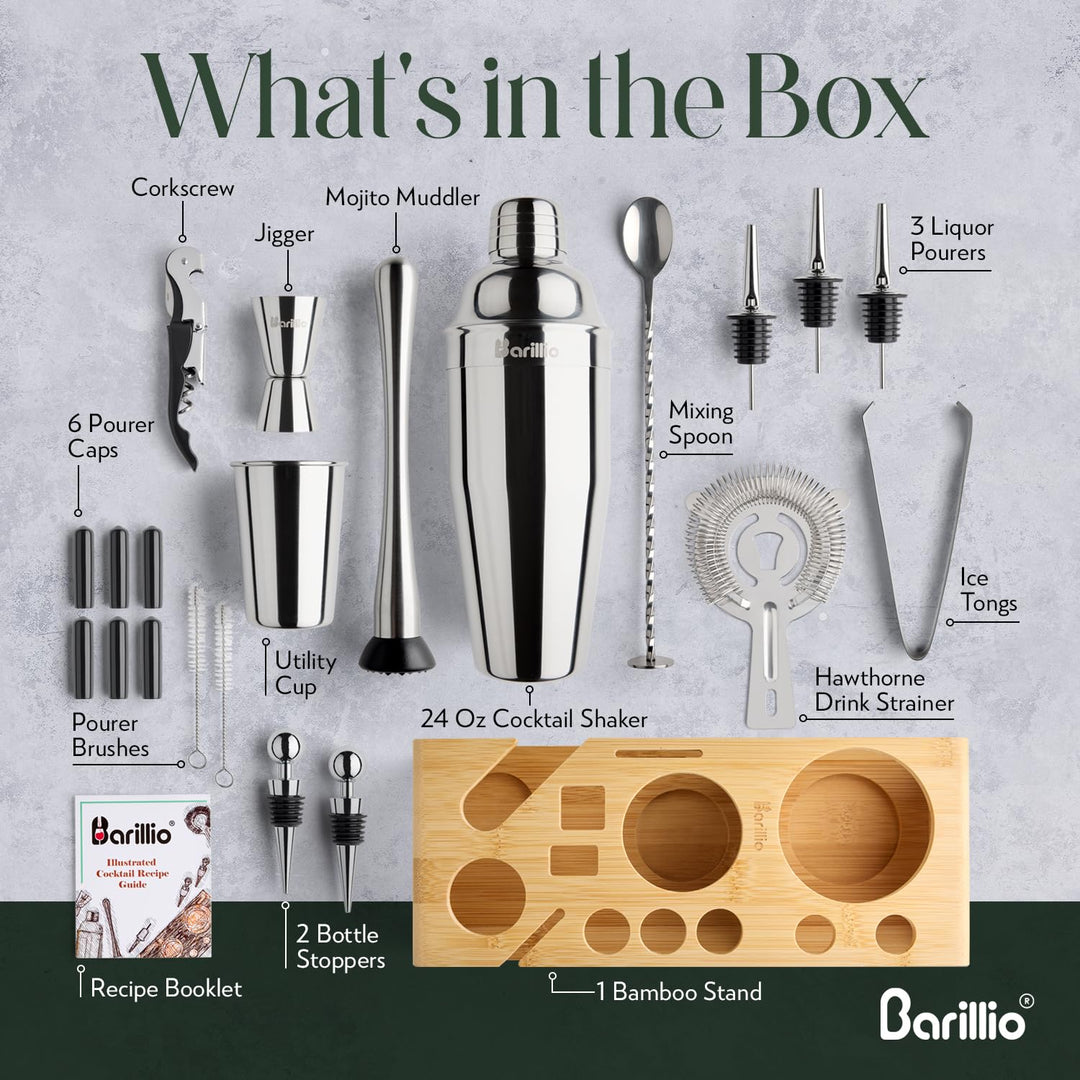 Barillio Bartender Kit - Stainless-Steel Cocktail Shaker Set w/Bamboo Stand - Mixology Bar Tools w/Drink Shaker, Mixer Spoon &amp; Muddler for Cocktails - Home Bar Accessories - 23-Pc Bar Set - Silver
