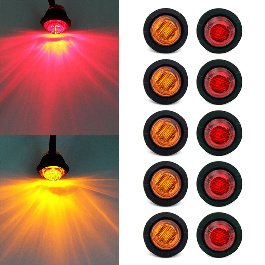 &#39;Purishion 10x 3/4 in&#39; Round LED Clearence Light Front Rear Side Marker Indicators Light for Truck Car Bus Trailer Van Caravan Boat, Taillight Brake Stop Lamp (12V, Red+Amber)