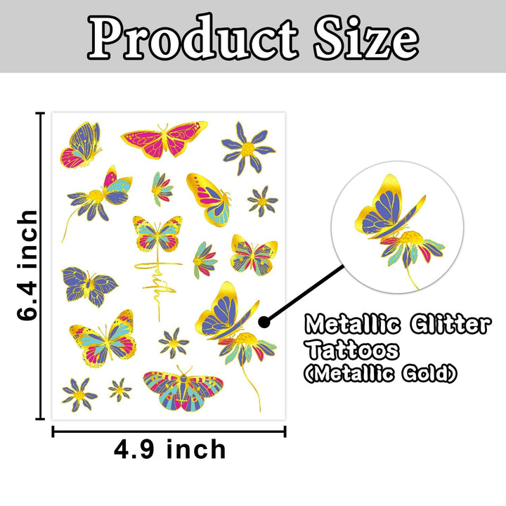 115 Styles Metallic Glitter Butterfly Temporary Tattoos, Long Lasting Butterfly Tattoo Stickers for Girls Women, Butterfly Party Decorations Supplies Favors (6 Sheets)