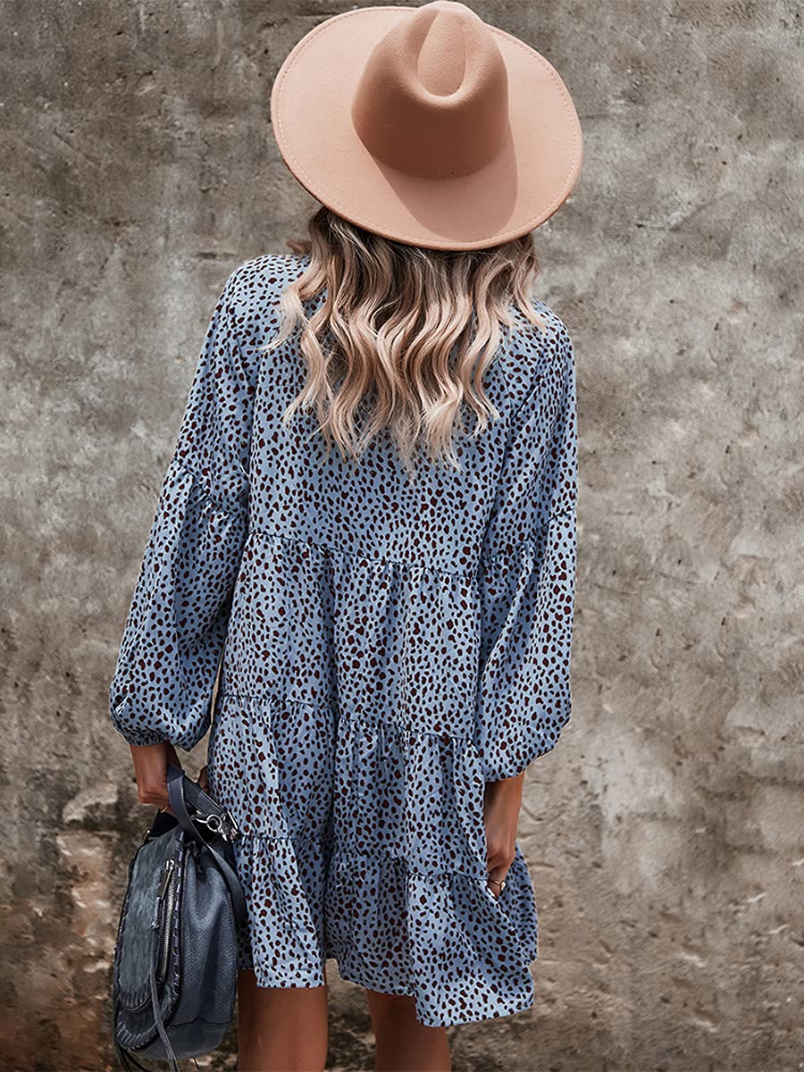 Womens Cute Spring Summer Casual Beach Dress Sexy Deep V Neck Long Sleeve Stylish Leopard Print Empire Waist Flowy Midi Long Skater Dresses for Women Blue Large