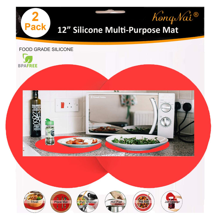 Silicone Microwave Mat 12 Inch, Non Stick Turntable Safe Baking Mat for Kitchen, Multi-Purpose Heat Resistant Oven Mat 2 Pack (Red)