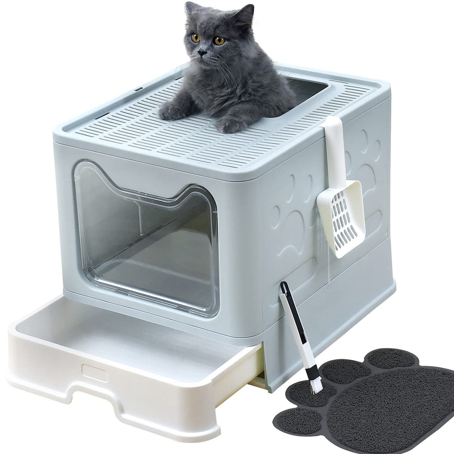 Foldable Cat Litter Box with Lid, Extra Large Covered Cat Litter Box with Litter Mat and Scoop, Easy to Clean Litter Pan, Enclosed Kitty Litter Box(Blue)