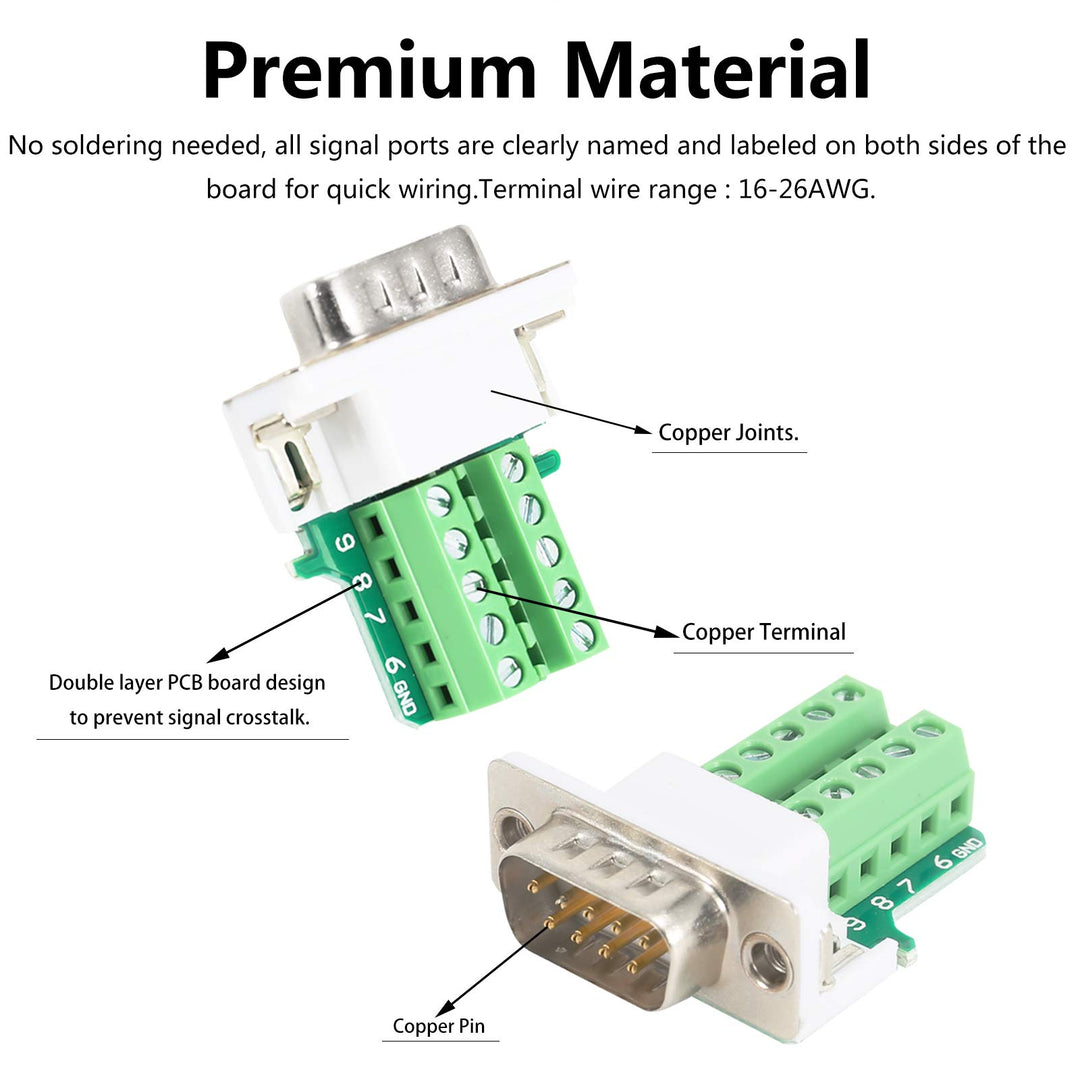 DB9 Breakout Connector (2 Male+2 Female), DB9 Solderless Connector RS232 D-SUB Serial Adapters 16mm thinner 9 Pin Port Terminal Breakout Board with Case Long Bolts Tail Pipe
