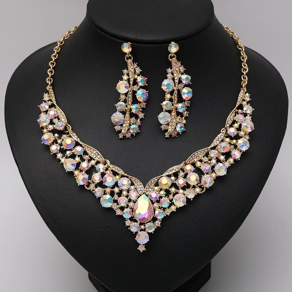Elegant Austrian Crystal V-Shaped Statement Necklace Earrings Set Bridal Wedding Prom Costume Jewelry For Bride Bridesmaid (AB crystal)