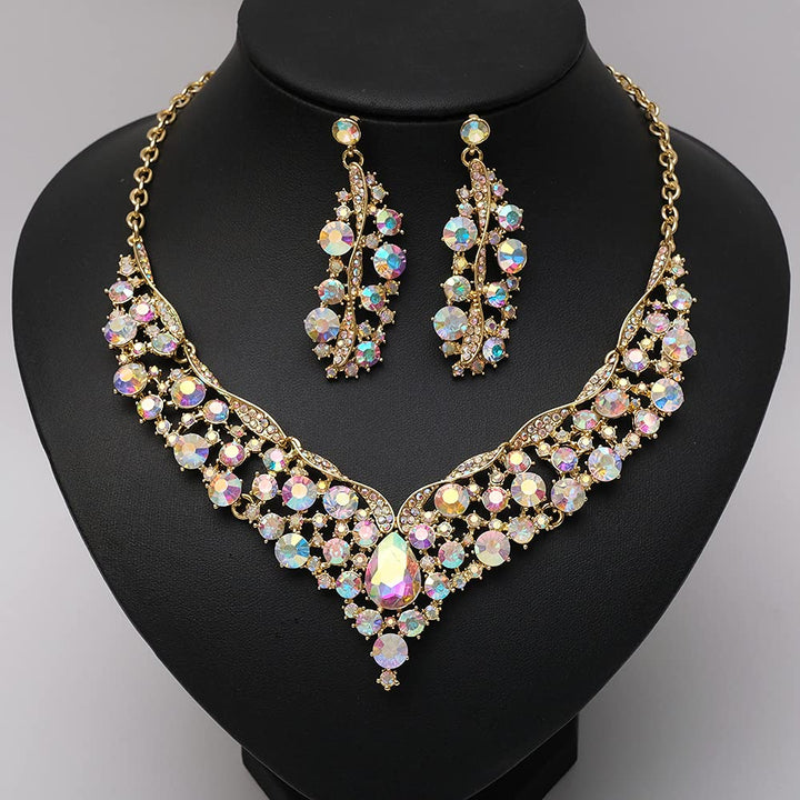 Elegant Austrian Crystal V-Shaped Statement Necklace Earrings Set Bridal Wedding Prom Costume Jewelry For Bride Bridesmaid (AB crystal)