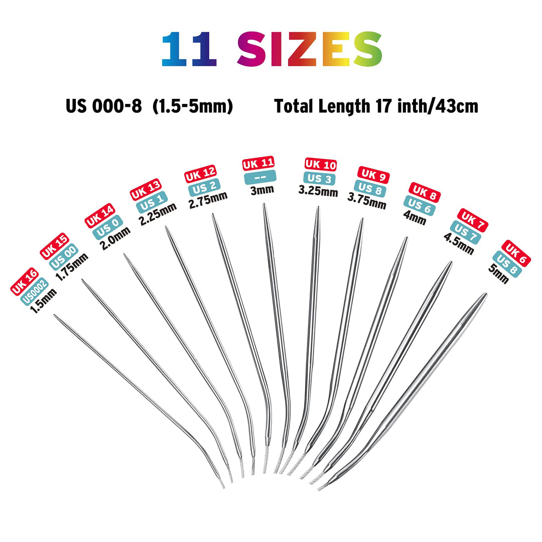 Stainless Steel Circular Knitting Needles 16 Inch, 11 Round Yarn Knitting Needles with Magic Loop, 11 Sizes 1.5-5mm Double Pointed Flexible Knitting Needles for Socks Weave Knitting Set for Beginner