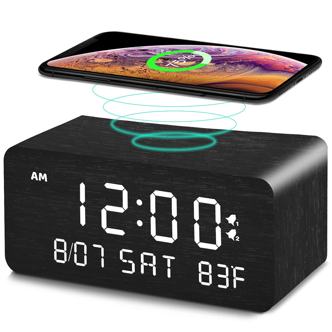 Andoolex Wooden Digital Alarm Clock with Wireless Charg