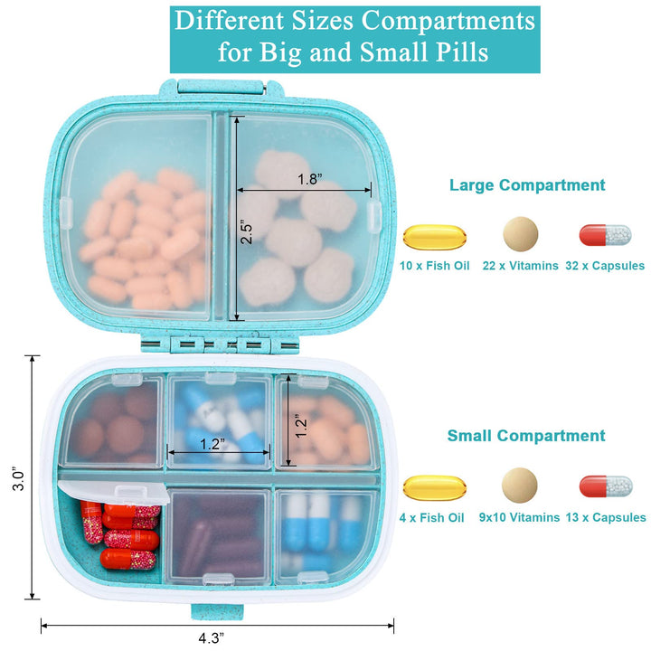 2 Pack 8 Compartments Travel Pill Organizer Moisture Proof Small Pill Box for Pocket Purse Daily Pill Case Portable Medicine Vitamin Holder Container