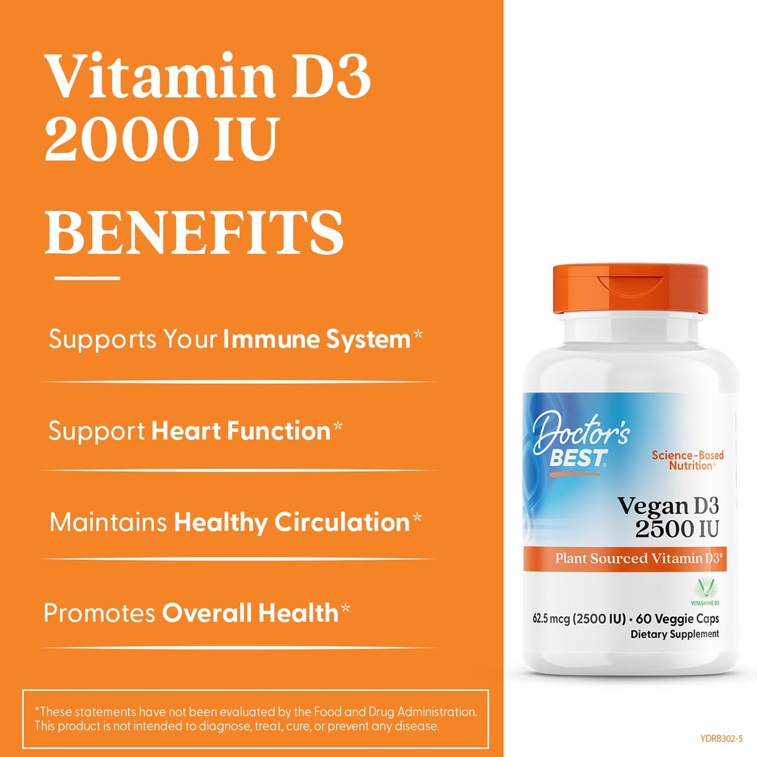 Doctors Best Vegan D3 2500 IU (Vitashine), Plant Sourced Vitamin D3, Non-GMO, Gluten Free, Soy Free, Vegan 60 Veggie Caps