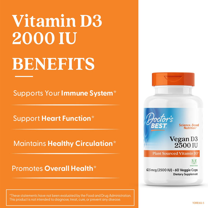 Doctors Best Vegan D3 2500 IU (Vitashine), Plant Sourced Vitamin D3, Non-GMO, Gluten Free, Soy Free, Vegan 60 Veggie Caps