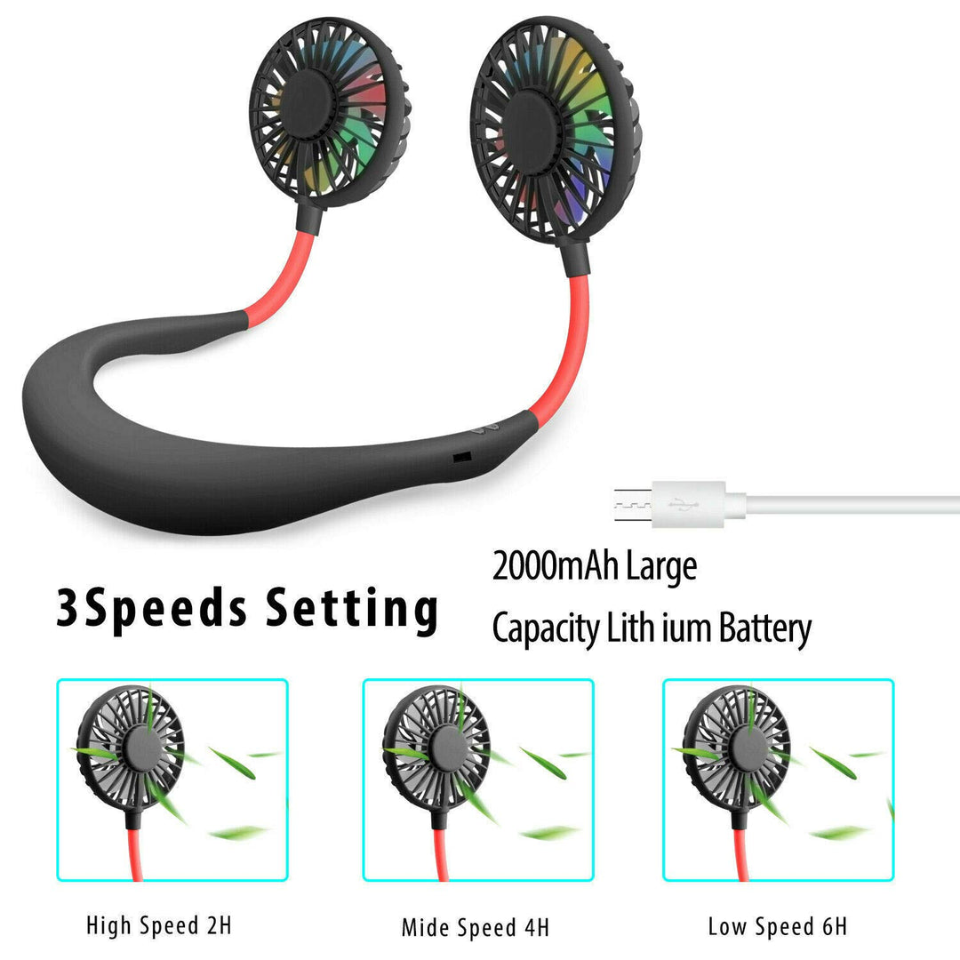 Portable Neck Fan, USB Rechargeable Fan with 3 Speeds Adjustable, Neck Fans Portable Rechargable Prime with LED Lights - Black