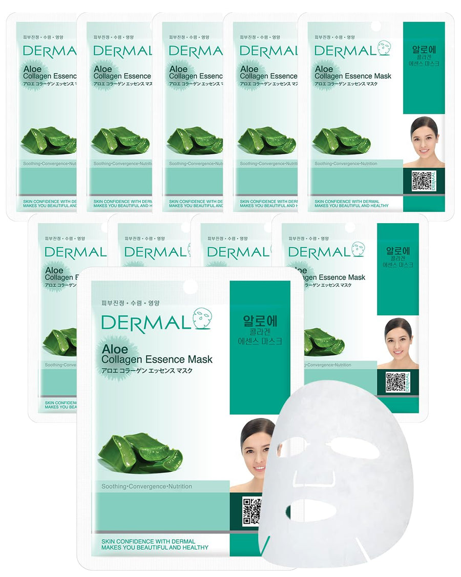 Aloe Collagen Essence Facial Mask Sheet 23g Pack of 10 - Skin Revitalizing & Soothing, Refreshing and Moisturizing, Sunburn Relief, Daily Skin Treatment Solution Sheet Mask