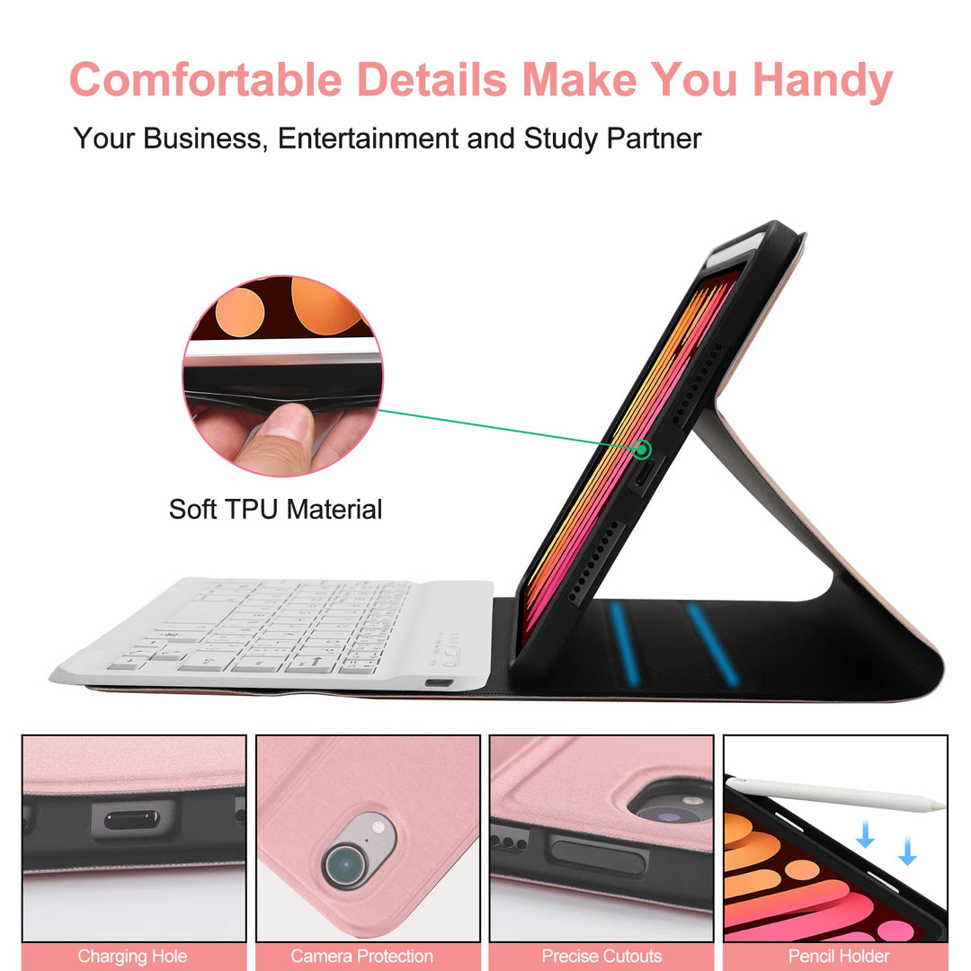iPad Mini (A17 Pro) 7th Keyboard Case 2024, Detachable Wireless Bluetooth Keyboard Slim Folio Smart Cover with Build-in Pencil Holder for iPad Mini 7th/6th 2021 Generation 8.3 inch, Rose Gold