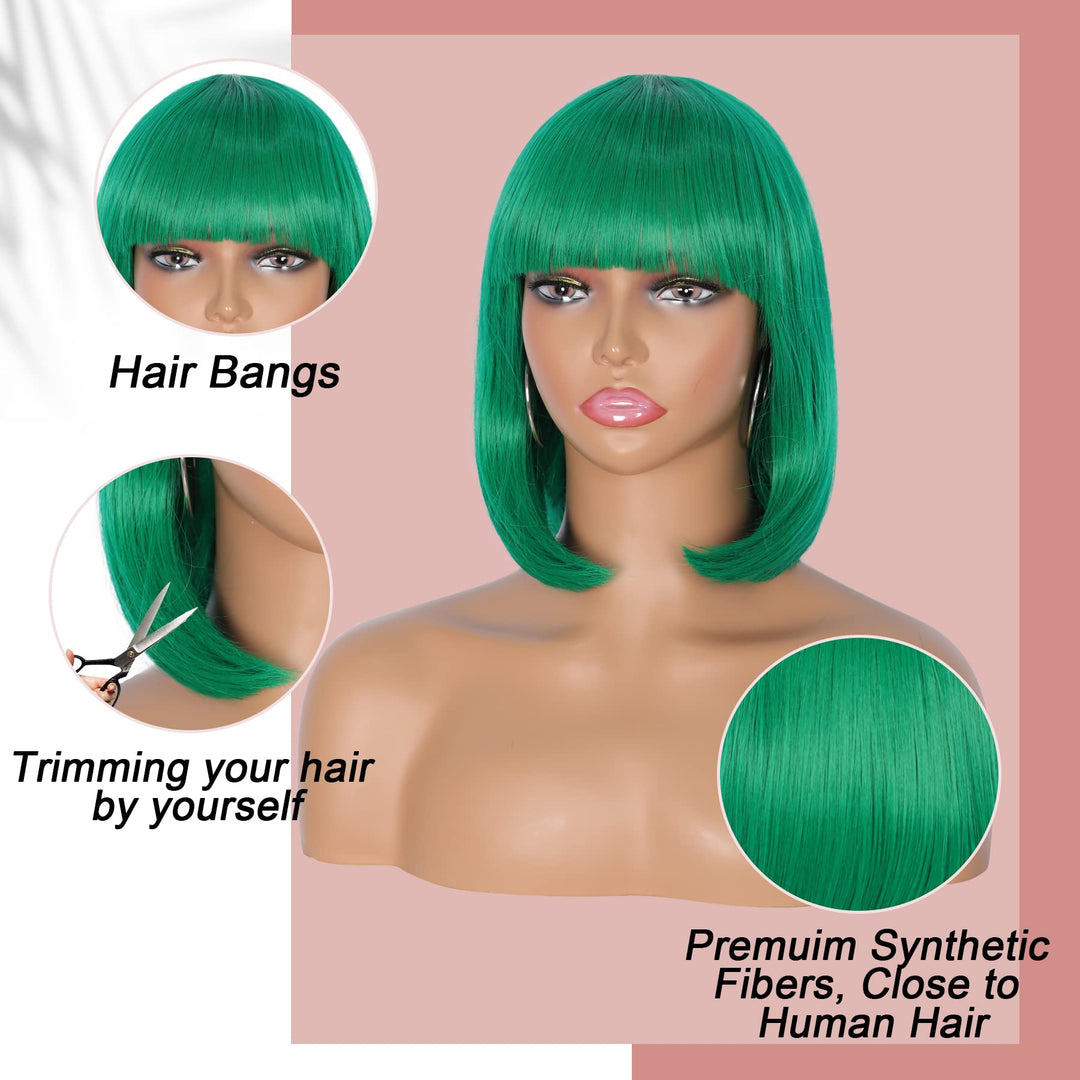 Womens Cosplay Party Kanekalon Synthetic Fiber Short Straight Dark Green Bob Hair Full Wigs