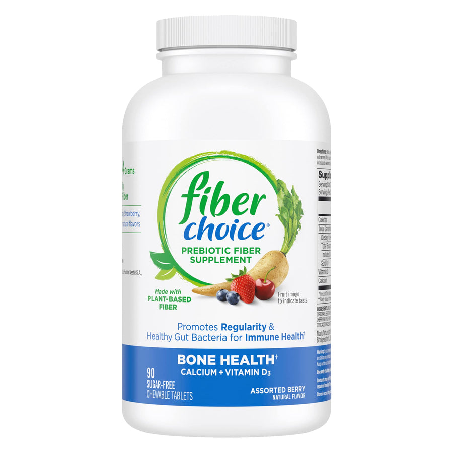 Bone Health Daily Prebiotic Fiber Chewable Tablets with Calcium & Vitamin D, Assorted Berry, 90 Count