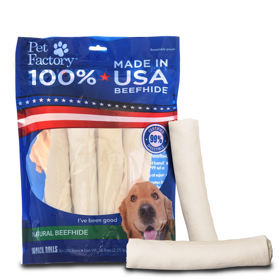 100% Made in USA Beefhide 8 Rolls Dog Chew Treats - Natural Flavor, 10 Count/1 Pack