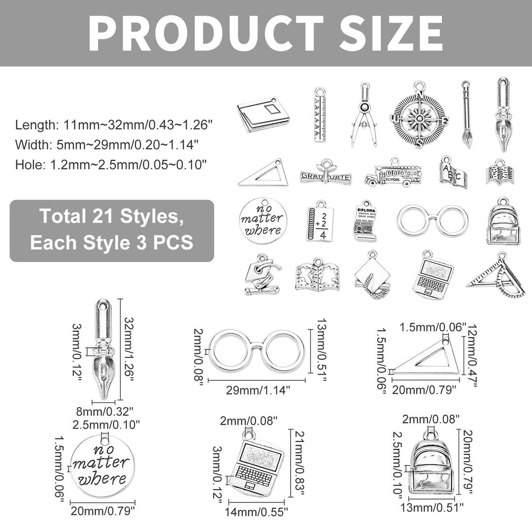 63pcs Teacher Charm Collection 21 Styles100pcs School Theme Charms Antique Silver Graduation Charms Alloy Cap Pen Ruler Charms for Gifts Souvenir Jewelry Bracelet Necklace Making