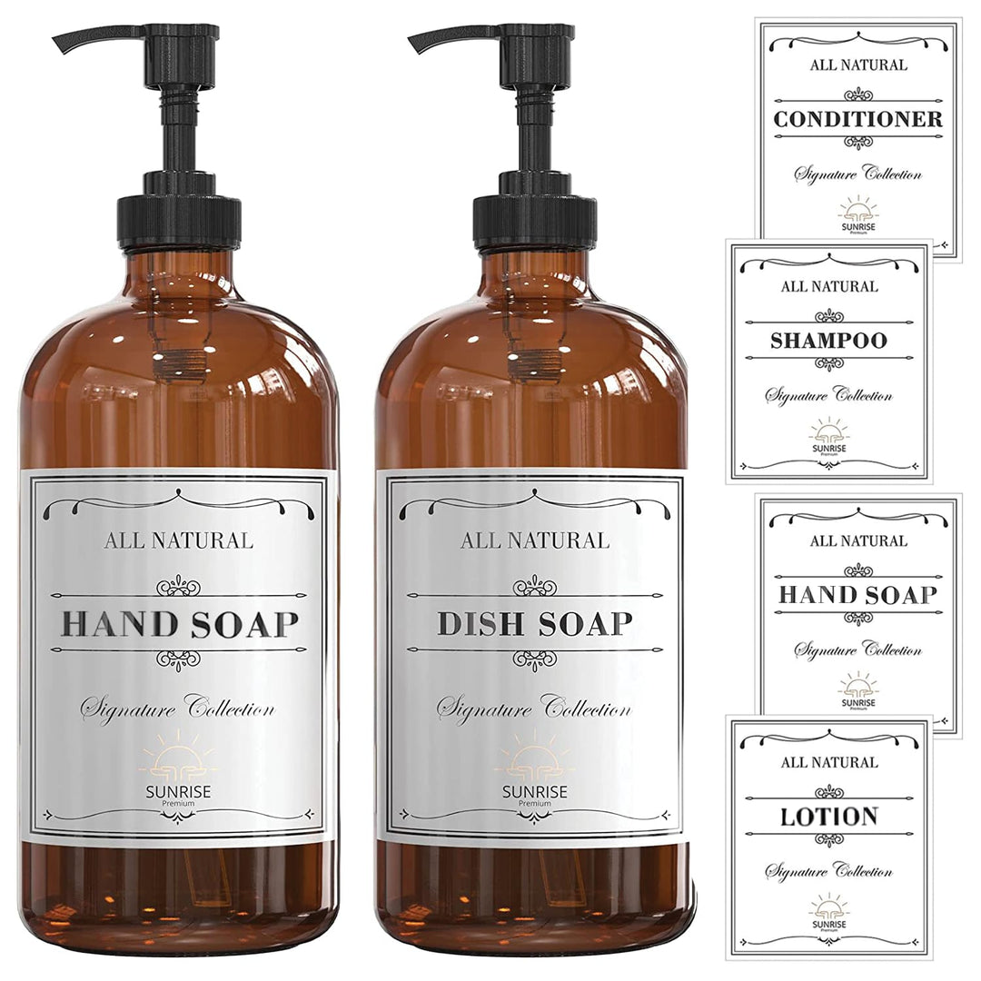 , 16 OZ Thick Amber Glass Soap Dispenser with Plastic Pump 2 Pack, Hand and Dish Soap Dispenser Set for Bathroom with 6 Waterproof Labels