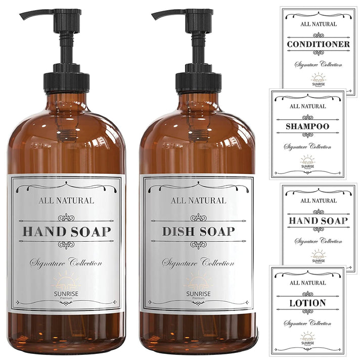 , 16 OZ Thick Amber Glass Soap Dispenser with Plastic Pump 2 Pack, Hand and Dish Soap Dispenser Set for Bathroom with 6 Waterproof Labels