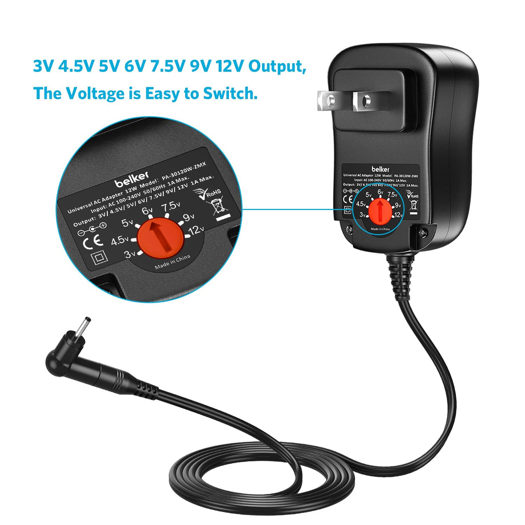 12W Universal 3V 4.5V 5V 6V 7.5V 9V 12V AC DC Adapter Power Supply for Household Electronics Router Speaker Smart Phone Tablet CCTV IP Camera - 1A 1000mA Amp Max.