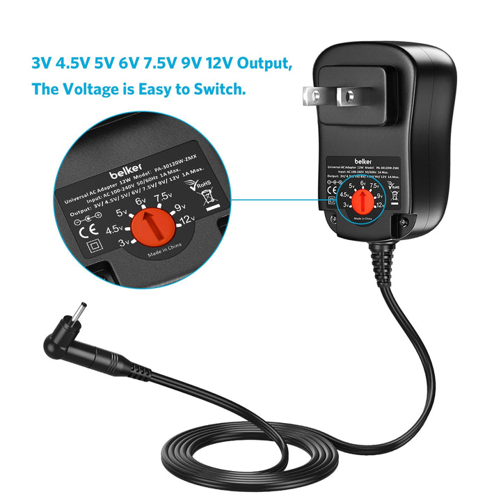 12W Universal 3V 4.5V 5V 6V 7.5V 9V 12V AC DC Adapter Power Supply for Household Electronics Router Speaker Smart Phone Tablet CCTV IP Camera - 1A 1000mA Amp Max.