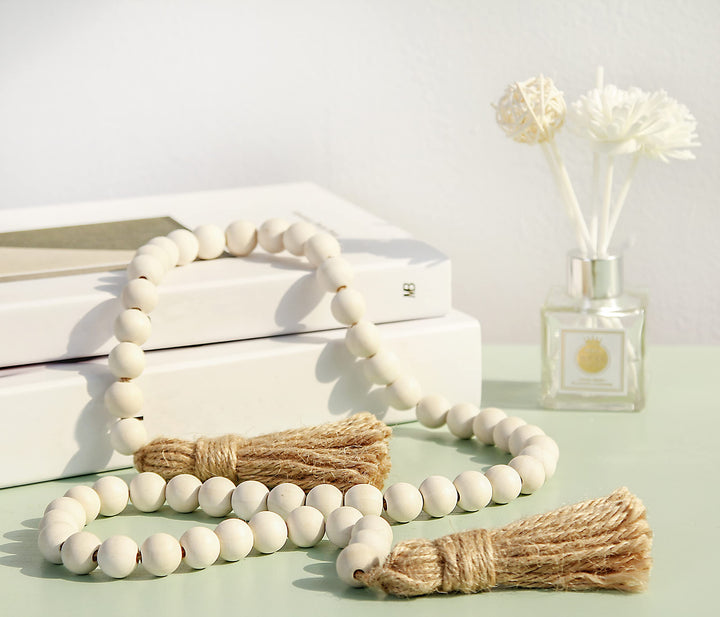 39in Wood Bead Garland Farmhouse with Tassels,Versatile Prayer Beads Boho Chic Wall Hanging Home Decor(Natural)