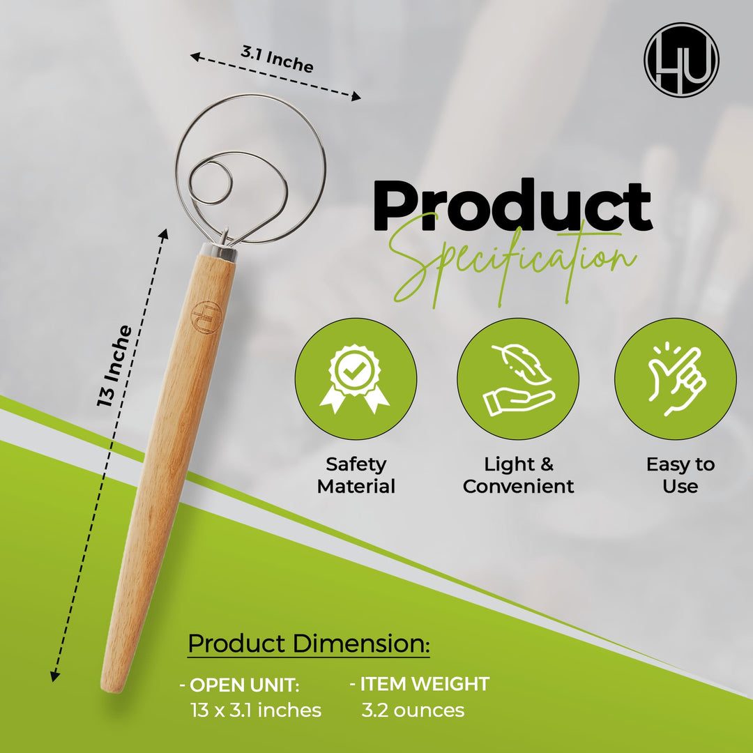 Premium Original Danish Dutch Whisk for Better Batter and Bread Dough Recipes, Stainless Steel/Beechwood, Includes Cleaning Brush, Large, 13.5 L