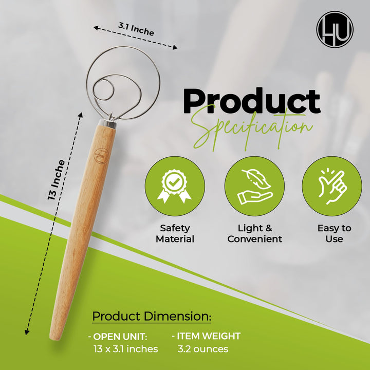 Premium Original Danish Dutch Whisk for Better Batter and Bread Dough Recipes, Stainless Steel/Beechwood, Includes Cleaning Brush, Large, 13.5 L