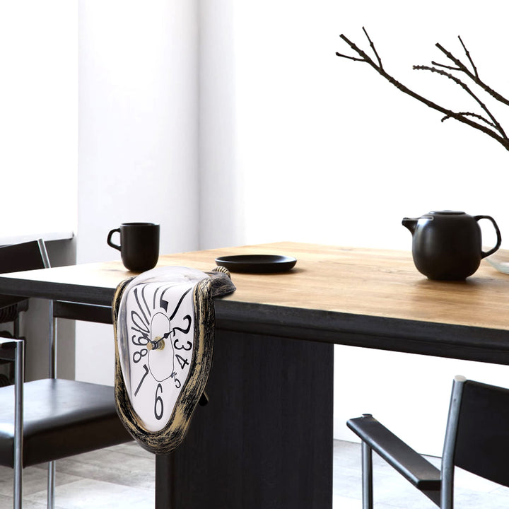 Silent Melting Clock Antique Gold, Salvador Dali Watch Melted Clock, Surrealism Dripping Clock, Funny Creative Gift Shelf Clock for Home Kitchen Office Desk Table