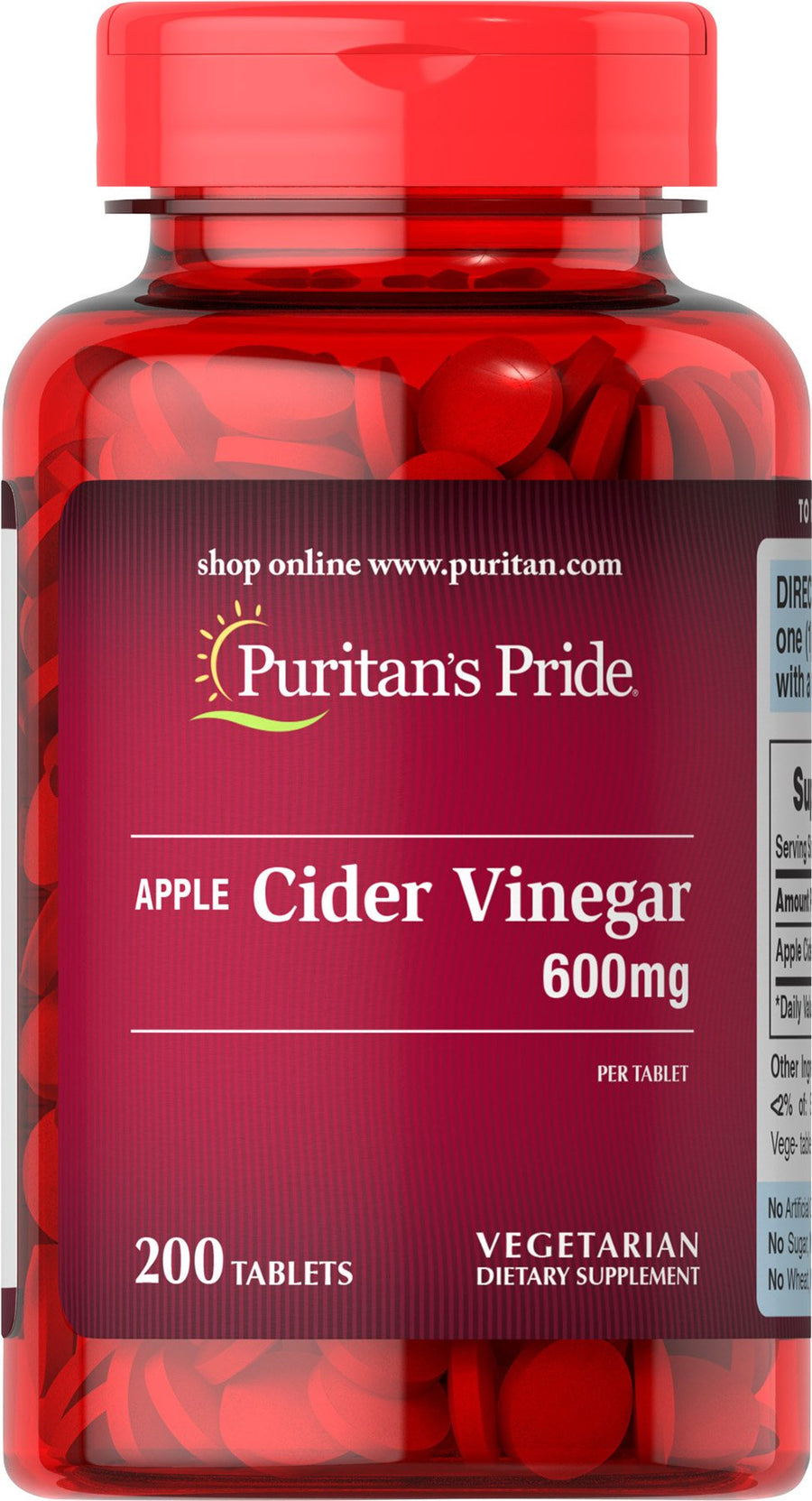 Puritans Pride Apple Cider Vinegar 600 mg Tablets, 200 